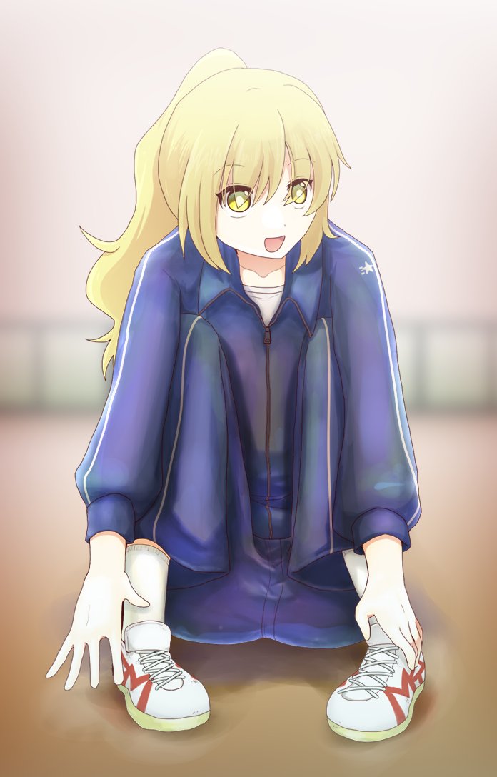 1girl :d alternate_costume alternate_hairstyle blonde_hair commentary contemporary kirisame_marisa mochi547 open_mouth ponytail shoes smile sneakers solo star star_print stretch touhou track_suit yellow_eyes