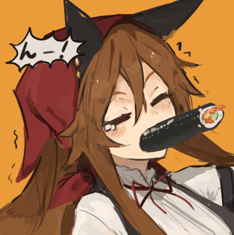 1girl animal_ears blush brown_hair closed_eyes commentary_request food food_request head_scarf lansane long_hair mouth_hold neck_ribbon orange_background original red_neckwear red_ribbon ribbon sexually_suggestive shirt simple_background sushi tears trembling tsana_(lansane) vest white_shirt wolf_ears