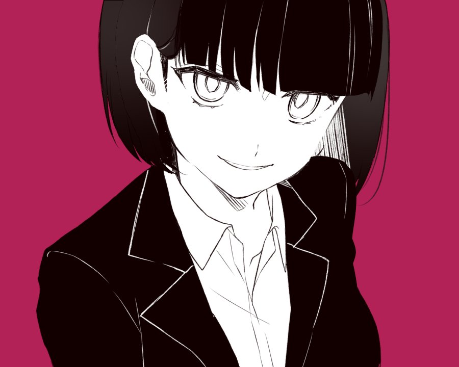 1girl bangs blunt_bangs chisumi closed_mouth collared_shirt commentary_request greyscale jacket looking_at_viewer monochrome original parted_lips purple_background shirt simple_background smile solo upper_body wing_collar