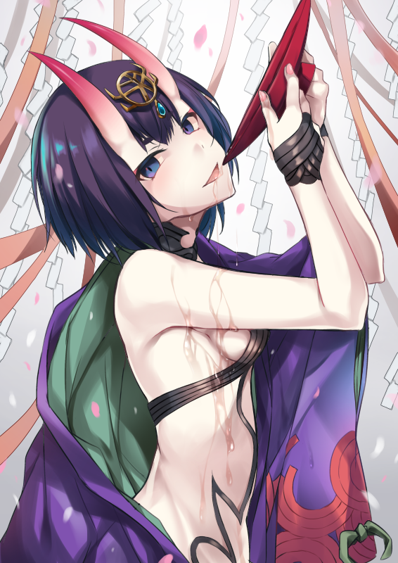 1girl alcohol arms_up bare_shoulders breasts cup fate/grand_order fate_(series) fingernails from_side head_tilt hirai_yuzuki holding horns japanese_clothes kimono long_sleeves looking_at_viewer looking_to_the_side medium_breasts nail_polish oni oni_horns open_clothes open_kimono open_mouth petals pink_nails purple_hair purple_kimono revealing_clothes sakazuki sake short_hair shuten_douji_(fate/grand_order) solo violet_eyes wet wide_sleeves