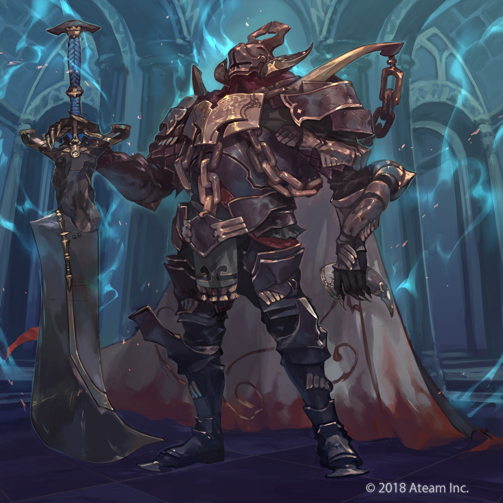 1boy armor armored_boots boots cape chains company_name dated full_body gloves helmet jikan_hakushaku male_focus official_art solo sword valkyrie_connect weapon