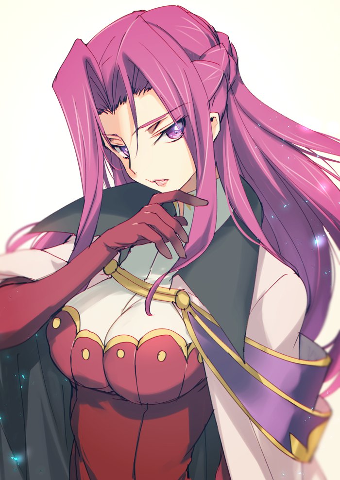 1girl bangs breasts closed_mouth code_geass cornelia_li_britannia creayus eyebrows_visible_through_hair gloves hand_on_own_chin large_breasts lips long_hair looking_at_viewer parted_bangs pink_lips purple_hair red_gloves simple_background solo upper_body violet_eyes white_background