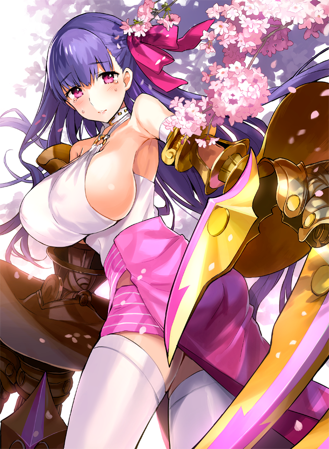 1girl bare_shoulders blush breasts claws collar eyebrows_visible_through_hair fate/extra fate/extra_ccc fate/grand_order fate_(series) flower hair_ribbon huge_breasts long_hair looking_at_viewer passion_lip pink_eyes pink_ribbon purple_hair ribbon sad sideboob solo tan_(tangent) tears thigh-highs tree very_long_hair white_legwear