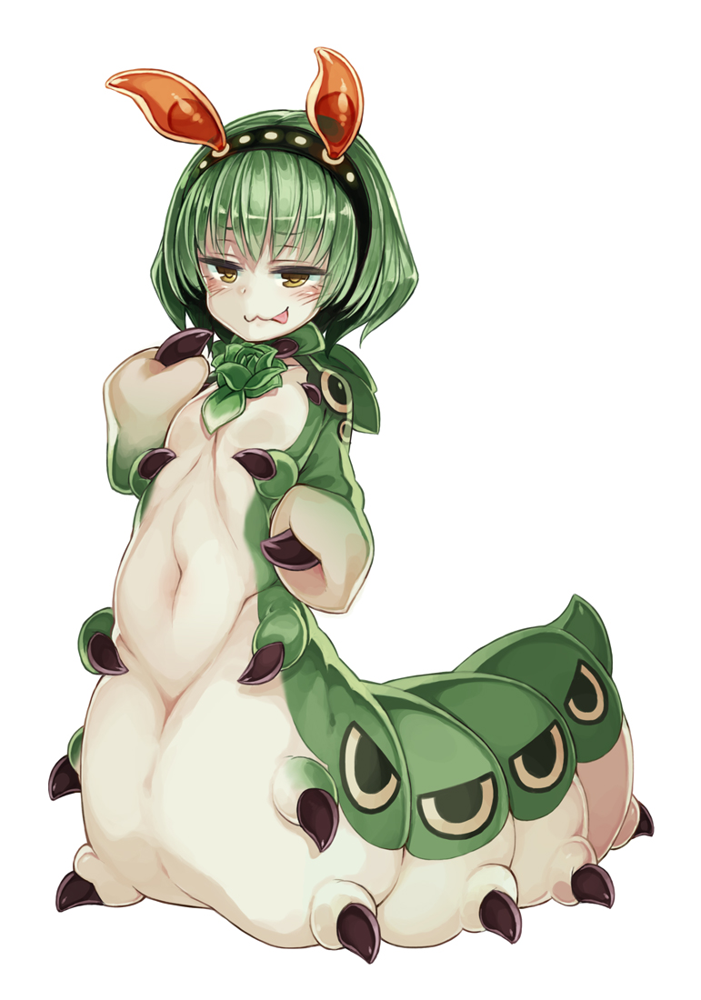 1girl :3 :p antennae bangs blush brown_eyes caterpillar closed_mouth flat_chest flower full_body green_flower green_hair green_rose greenworm_(monster_girl_encyclopedia) hairband insect_girl kenkou_cross licking_lips looking_at_viewer monster_girl monster_girl_encyclopedia naughty_face rose short_hair smile solo tongue tongue_out
