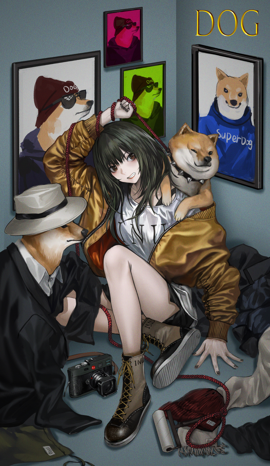 1girl black_hair boater_hat brown_eyes camera clenched_teeth clothes_writing collar commentary dog formal highres hood hoodie infukun jacket leash long_hair open_clothes open_jacket original shiba_inu shirt shoes shorts side_slit sitting sneakers solo studded_collar suit sunglasses t-shirt teeth