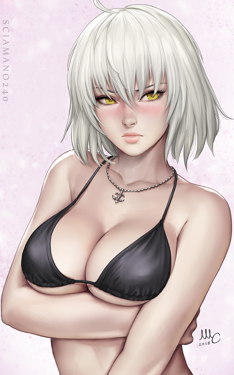 1girl antenna_hair artist_name bare_shoulders bikini_top black_bikini_top blush breast_hold breasts closed_mouth dated fate/apocrypha fate/grand_order fate_(series) hair_between_eyes highres jeanne_d'arc_(alter)_(fate) jeanne_d'arc_(fate)_(all) jewelry lips looking_away mirco_cabbia necklace silver_hair solo upper_body yellow_eyes
