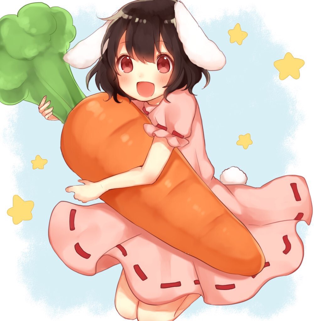 1girl :d animal_ears bent_knees black_hair blush bunny_tail carrot carrying commentary_request dress eyebrows_visible_through_hair inaba_tewi looking_at_viewer open_mouth oversized_object pink_dress rabbit_ears red_eyes ribbon-trimmed_dress smile solo star tail touhou udon0513