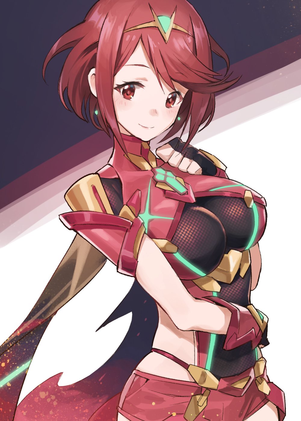 1girl blush breasts earrings gloves highres pyra_(xenoblade) jewelry large_breasts looking_at_viewer red_eyes redhead short_hair smile solo tiara tugo xenoblade xenoblade_2
