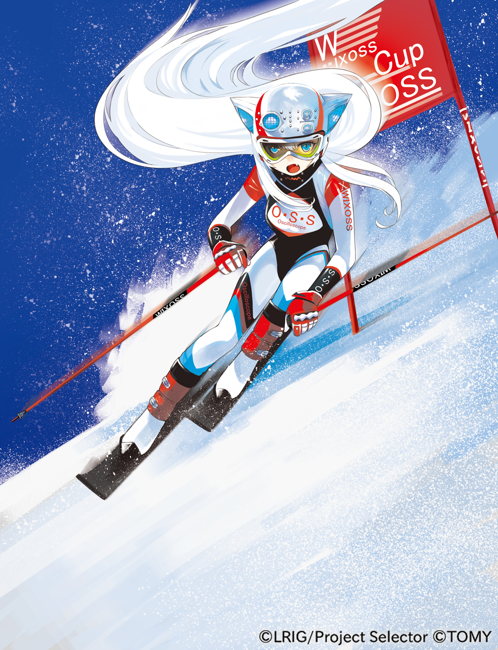 1girl animal_ears blue_eyes bodysuit cat_ears fang gloves goggles helmet highres long_hair looking_at_viewer official_art open_mouth skiing skis snow solo tokiti watermark white_hair wixoss