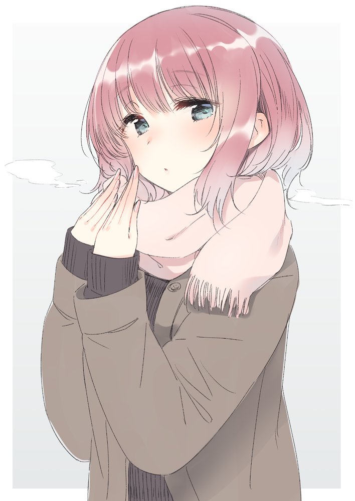 1girl bangs blue_eyes blush breath commentary_request copyright_request enpera eyebrows_visible_through_hair fingernails hands_up long_sleeves looking_at_viewer nekoume pink_hair pink_scarf scarf short_hair solo upper_body