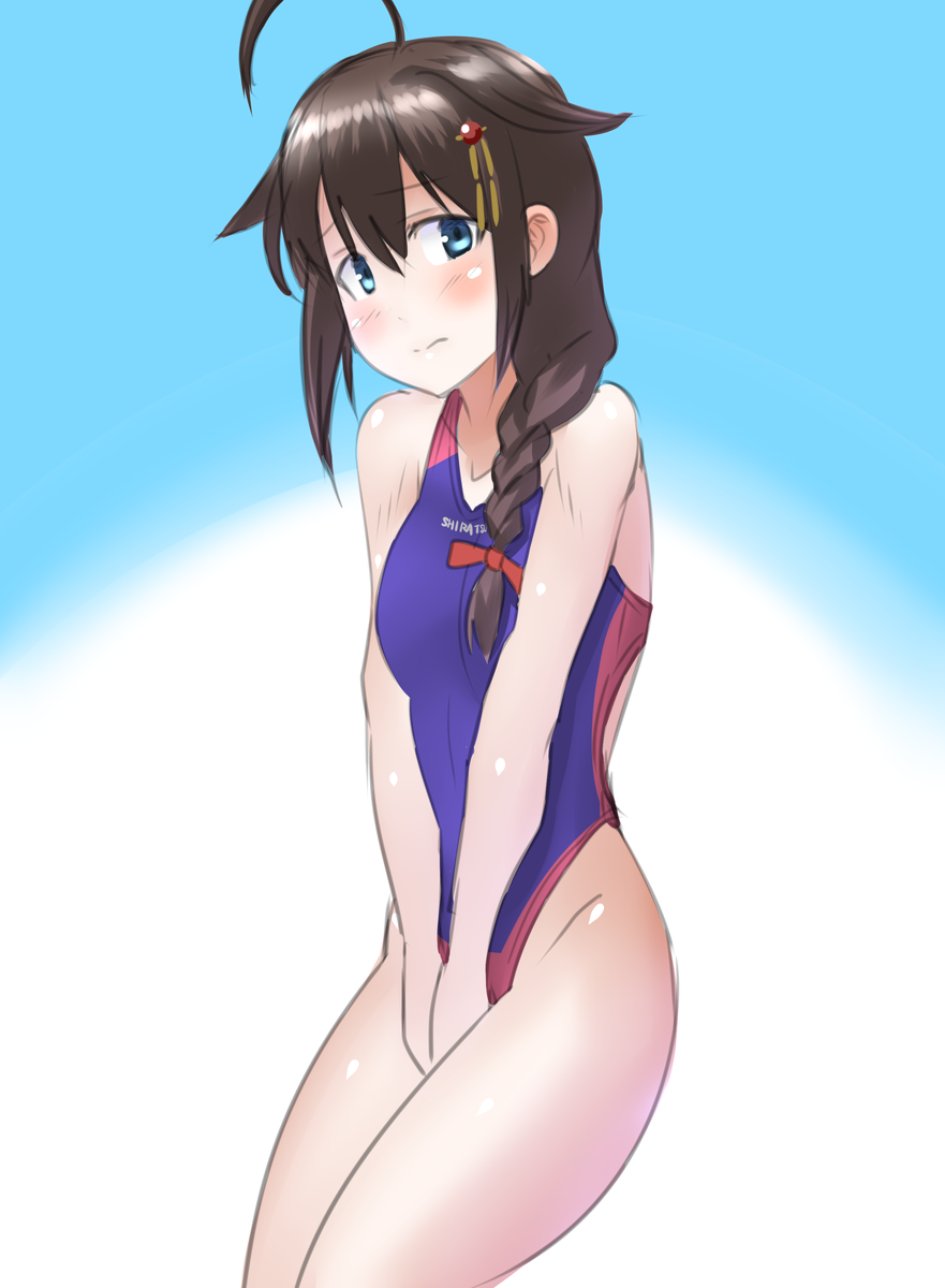 1girl 30-06 ahoge black_hair blue_background blue_eyes braid competition_swimsuit cowboy_shot embarrassed gradient gradient_background hair_flaps hair_over_shoulder highres kantai_collection long_hair one-piece_swimsuit purple_swimsuit remodel_(kantai_collection) shigure_(kantai_collection) single_braid solo swimsuit