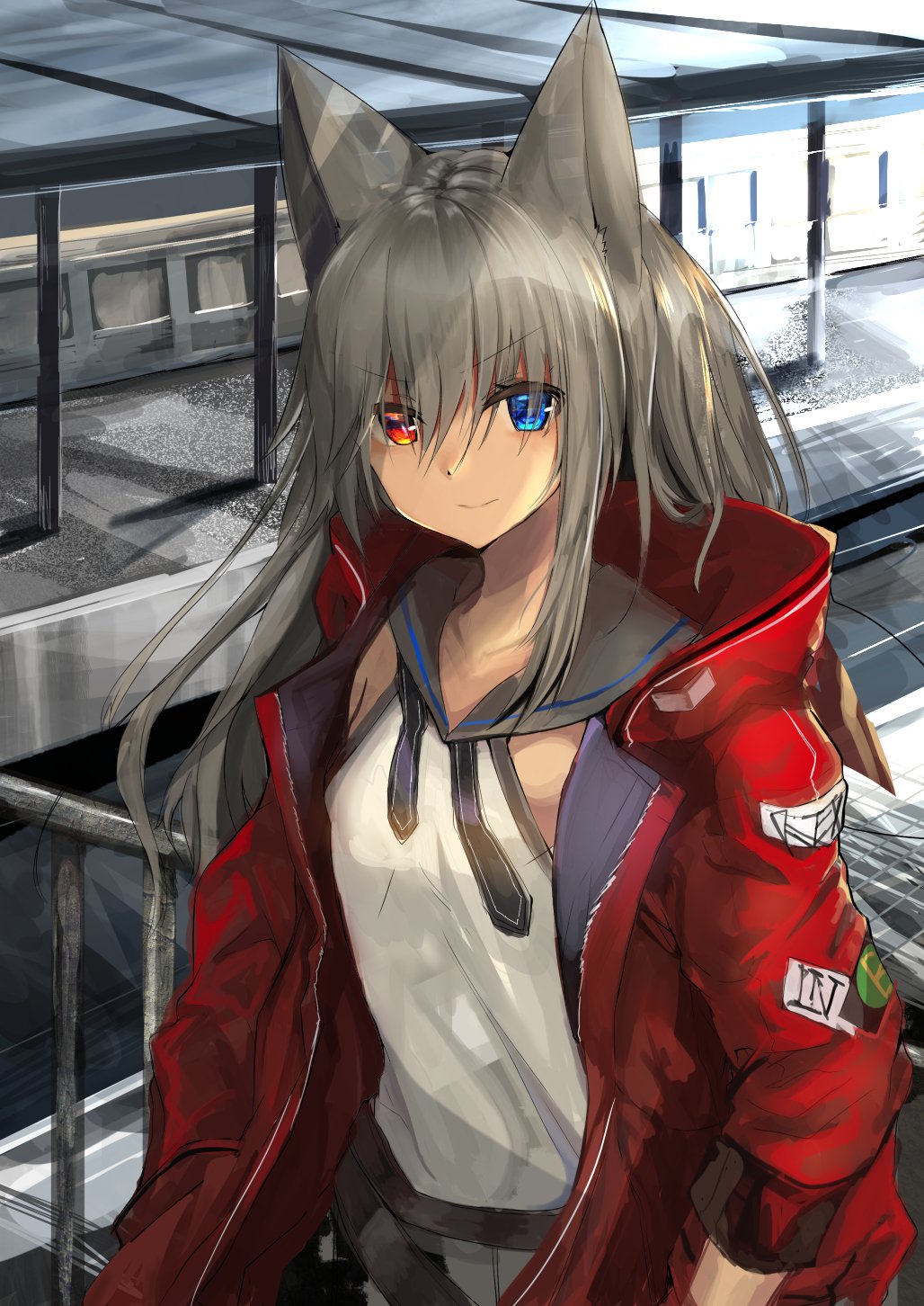 1girl animal_ears bangs black_neckwear blue_eyes closed_mouth commentary_request eyebrows_visible_through_hair fox_ears grey_hair grey_sailor_collar haik hair_over_eyes heterochromia highres jacket long_hair long_sleeves looking_at_viewer neckerchief open_clothes open_jacket original outdoors red_eyes red_jacket sailor_collar shirt sleeveless sleeveless_shirt solo standing white_shirt