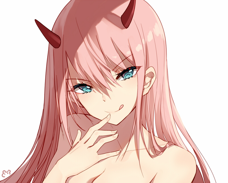 1girl aqua_eyes bison_cangshu breasts darling_in_the_franxx finger_to_mouth horns medium_breasts pink_hair simple_background solo tongue tongue_out white_background zero_two_(darling_in_the_franxx)