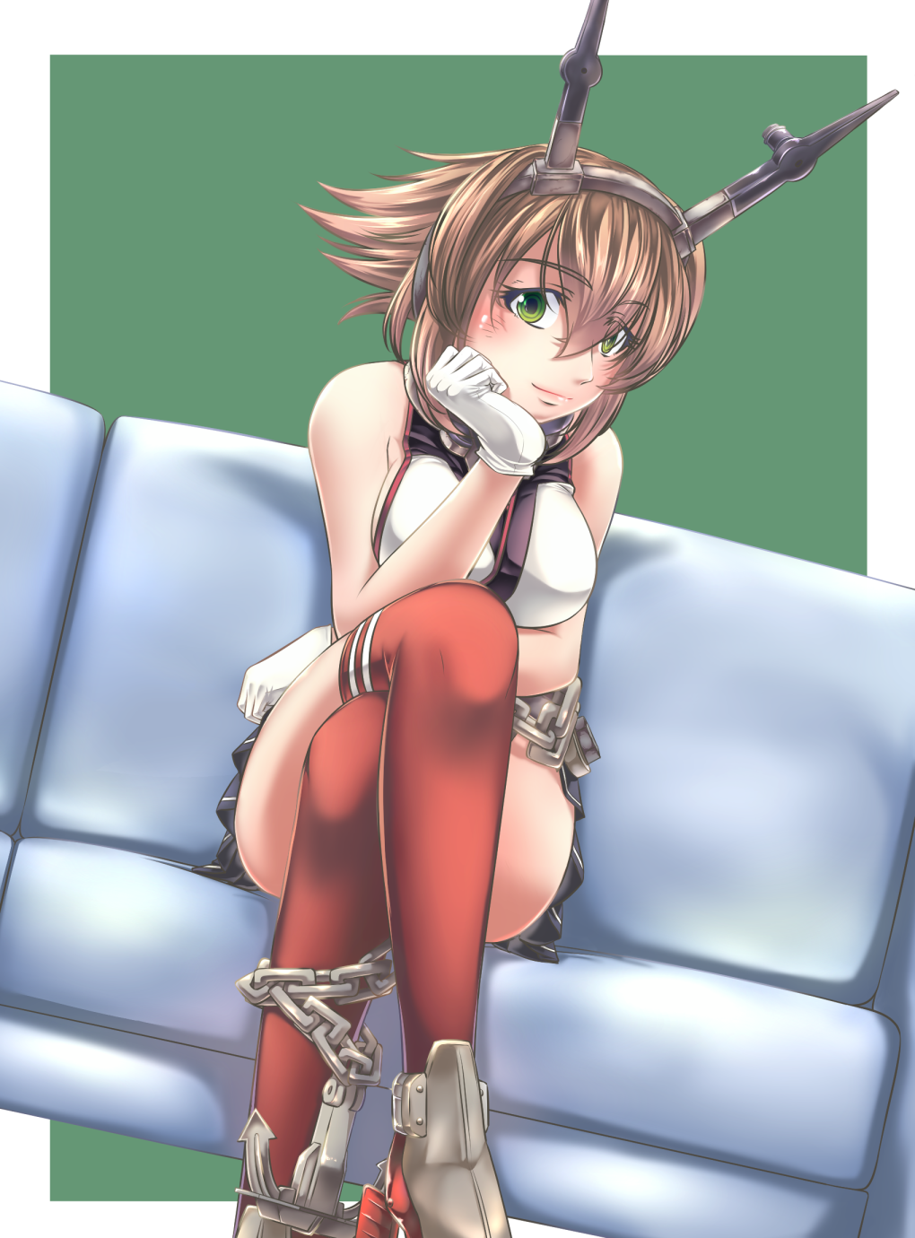 1girl bare_shoulders breasts brown_hair chains couch gloves green_eyes hairband highres kantai_collection kouno_ibuki large_breasts legs_crossed lips midriff miniskirt mutsu_(kantai_collection) radio_antenna red_legwear short_hair sitting skirt solo white_gloves