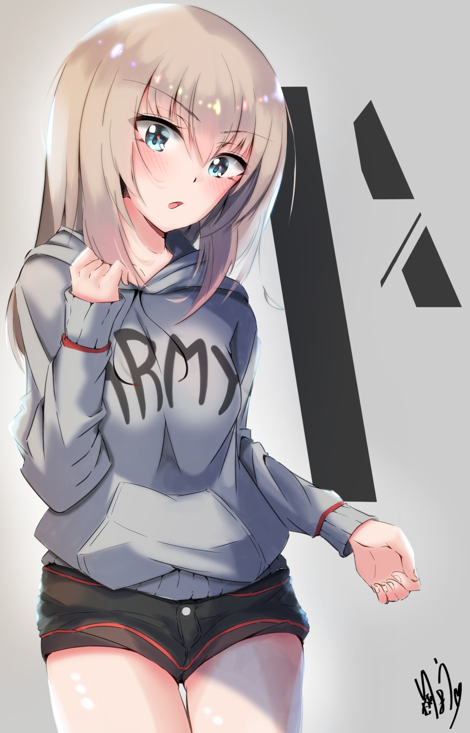 1girl artist_name black_shorts blue_eyes blush casual clothes_writing commentary_request cowboy_shot english eyebrows_visible_through_hair eyes_visible_through_hair girls_und_panzer grey_sweater highres hood hoodie itsumi_erika long_hair long_sleeves looking_at_viewer murata_ryou open_mouth short_shorts shorts signature silver_hair solo standing thigh_gap