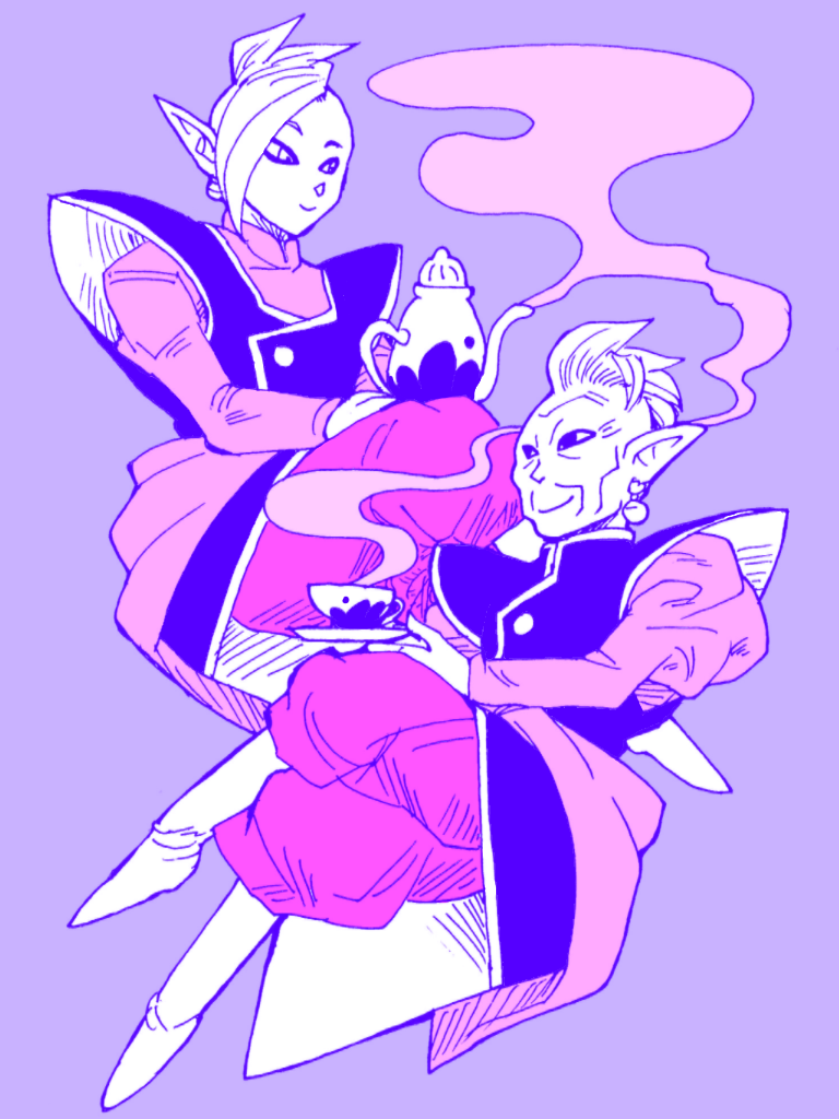 2boys black_eyes boots character_request cup dragon_ball dragon_ball_super earrings egyptian_clothes happy jewelry legs_crossed looking_at_another male_focus mohawk monochrome multiple_boys purple_background saucer simple_background smile steam teacup teapot zamasu