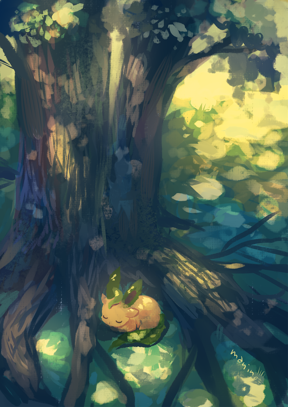 artist_name closed_eyes commentary_request highres leafeon manino_(mofuritaionaka) no_humans outdoors pokemon scenery signature sleeping solo tree tree_shade under_tree