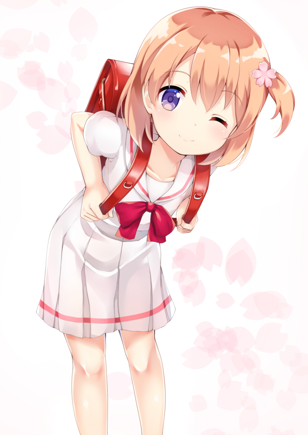 1girl ;) backpack bag bangs blush bow closed_mouth collarbone commentary_request eyebrows_visible_through_hair flower gochuumon_wa_usagi_desu_ka? hair_between_eyes hair_flower hair_ornament highres holding hoto_cocoa leaning_forward light_brown_hair looking_at_viewer one_eye_closed one_side_up pink_flower pleated_skirt randoseru red_bow school_uniform serafuku shirt short_sleeves skirt smile solo standing toketou violet_eyes white_background white_shirt white_skirt