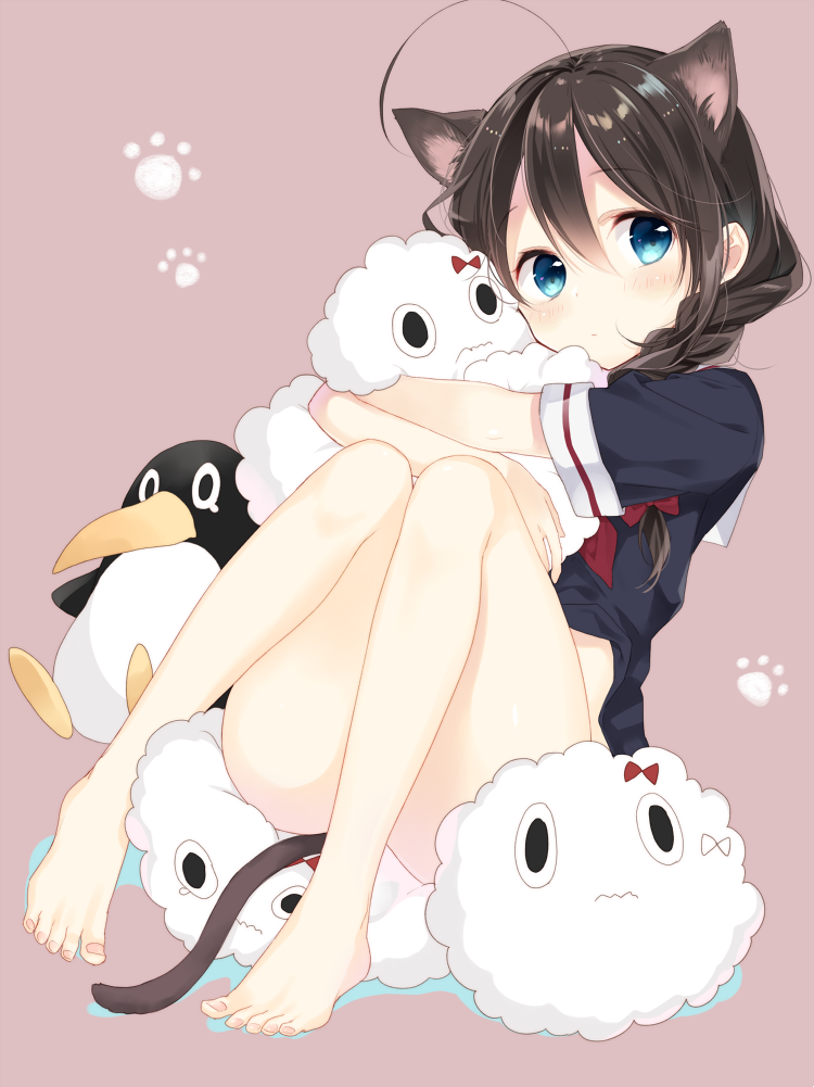 1girl animal_ears bangs barefoot bent_knees bird bow brown_hair closed_mouth clouds commentary_request ears_visible_through_hair eyebrows_visible_through_hair failure_penguin feet hair_between_eyes holding hug kantai_collection knees_together_feet_apart long_hair looking_at_viewer miss_cloud naoto_(tulip) paw_print_pattern penguin red_neckwear shigure_(kantai_collection) simple_background sitting tail toenails toes