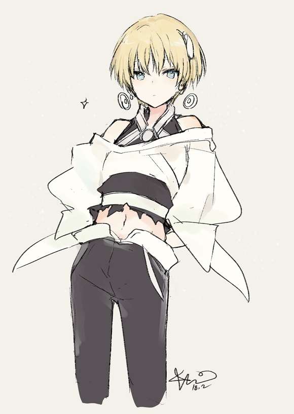 1girl bare_shoulders black_pants blonde_hair blue_eyes closed_mouth cropped_legs dated earrings grey_background jewelry long_sleeves looking_at_viewer lpip navel original pants signature simple_background solo standing