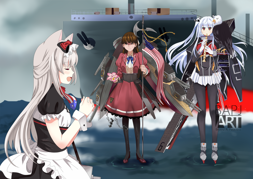 3girls american_flag anger_vein animal_ears azur_lane bald_eagle bell_mccamp_(zhan_jian_shao_nyu) beta_(joutarou) bird black_legwear bow brown_eyes brown_hair cat_ears closed_eyes commentary eagle essex_(zhan_jian_shao_nyu) flower grey_hair hair_bow halberd hammann_(azur_lane) hands_together holding holding_flower holding_weapon instrument jacket jitome juliet_sleeves kantai_collection long_hair long_sleeves maid multiple_girls music non_non_biyori open_mouth pacific pantyhose playing_instrument polearm puffy_short_sleeves puffy_sleeves recorder red_eyes red_jacket red_skirt shaded_face ship short_sleeves singing skirt smile standing standing_on_liquid sweatdrop twintails uss_west_virginia_(bb-48) watercraft weapon white_hair wrist_cuffs zhan_jian_shao_nyu