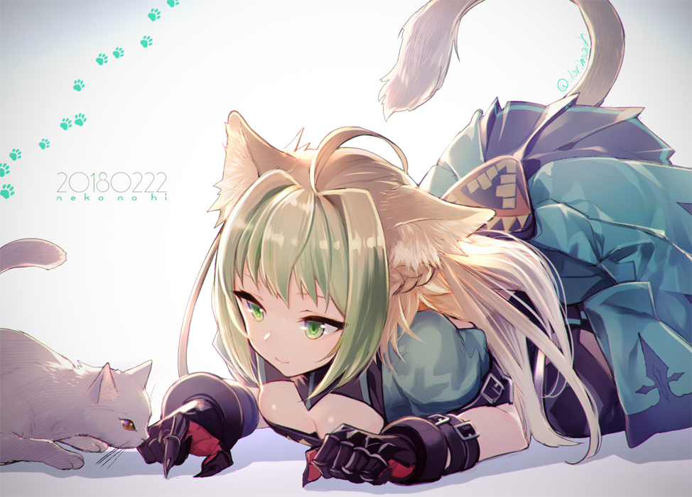 1girl all_fours animal_ears atalanta_(fate) blonde_hair breasts cat cat_ears cat_tail cleavage fate/apocrypha fate/grand_order fate_(series) green_eyes green_hair miyuki_ruria multicolored_hair paw_print small_breasts solo tail white_background