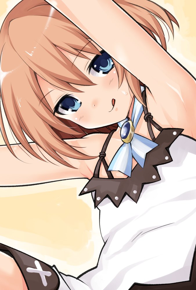 1girl armpits bare_shoulders blanc blue_eyes brown_hair commentary_request dress iwasi-r looking_at_viewer neptune_(series) short_hair solo