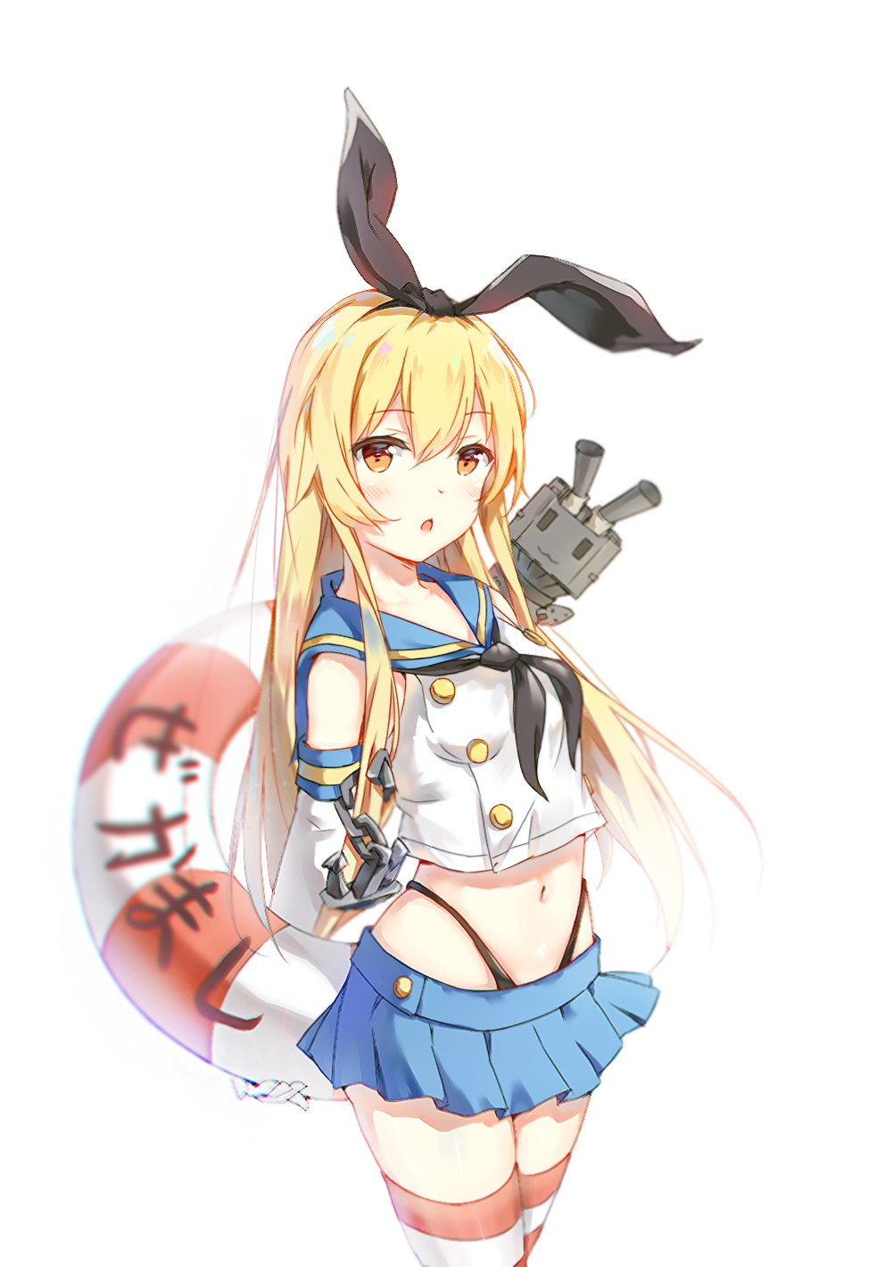 1girl 2429144768 :3 anchor_hair_ornament bangs black_ribbon blonde_hair blue_sailor_collar breasts double-breasted elbow_gloves eyebrows_visible_through_hair gloves hair_ornament hair_ribbon highres kantai_collection long_hair looking_at_viewer miniskirt neckerchief pleated_skirt rensouhou-chan ribbon sailor_collar shimakaze_(kantai_collection) shiny shiny_hair simple_background skirt small_breasts solo standing striped striped_legwear thigh-highs thong translation_request very_long_hair white_background white_gloves zettai_ryouiki