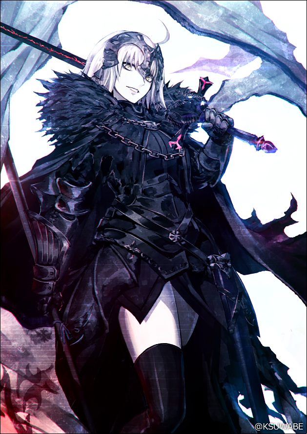 1girl ahoge armor bangs black_border black_legwear border breastplate cape chains commentary_request cowboy_shot fate/grand_order fate_(series) fur_trim gauntlets gorget grin holding holding_sword holding_weapon jeanne_d'arc_(alter)_(fate) jeanne_d'arc_(fate)_(all) kei-suwabe limited_palette looking_at_viewer over_shoulder pale_skin parted_lips short_hair silver_hair simple_background smile solo standing sword thigh-highs twitter_username weapon weapon_over_shoulder white_background yellow_eyes