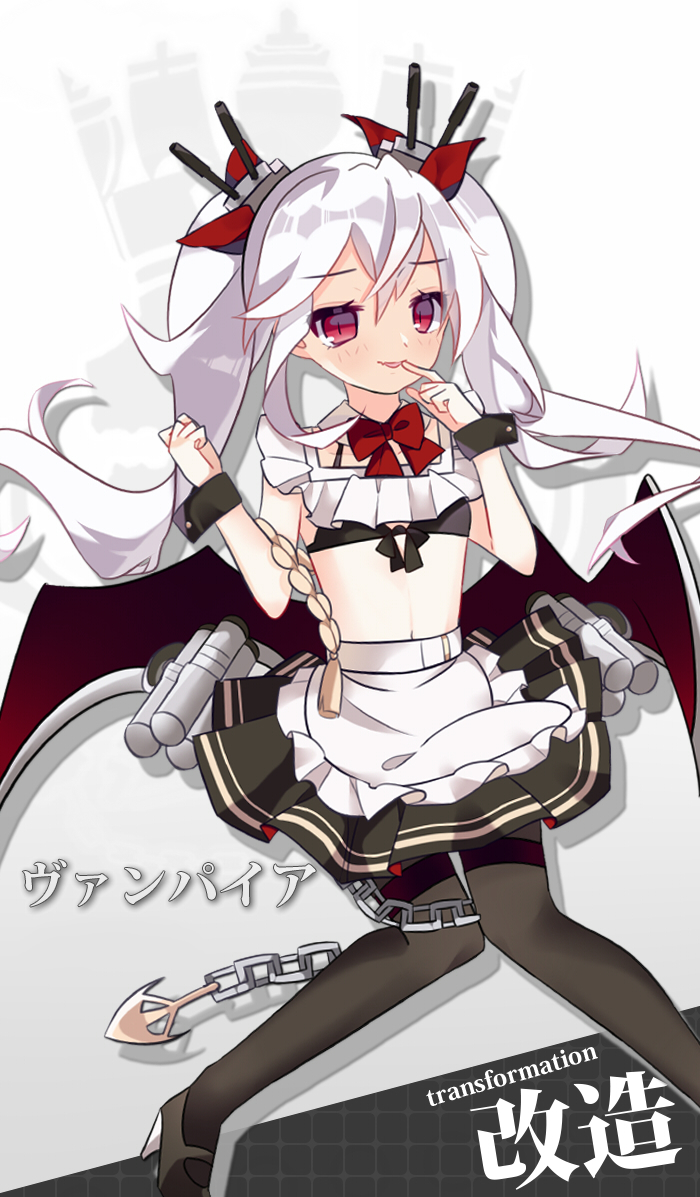 1girl apron azur_lane bangs bikini_bottom black_bikini_top black_footwear black_legwear black_skirt blush cake_(isiofb) commentary_request eyebrows_visible_through_hair finger_to_mouth frilled_apron frills hair_between_eyes hair_ornament hair_ribbon high_heels long_hair low_wings mary_janes navel pantyhose parted_lips pleated_skirt red_eyes red_ribbon red_wings ribbon shoes silver_hair skirt solo thighband_pantyhose twintails vampire_(azur_lane) very_long_hair waist_apron white_apron wings wrist_cuffs