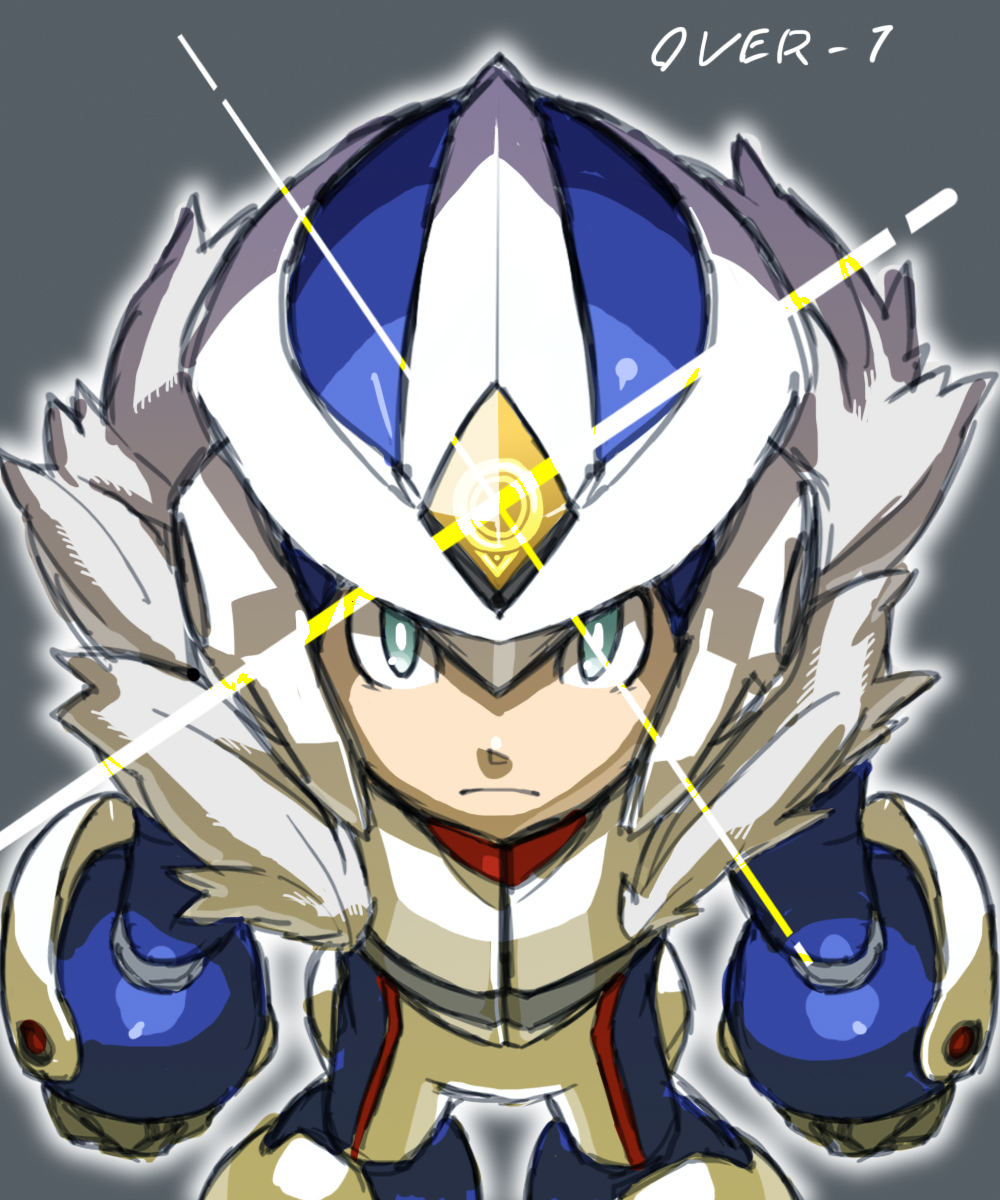 1boy android capcom character_name from_above fur_trim green_eyes grey_background helmet highres looking_at_viewer looking_up over-1_(rockman) rockman rockman_xover simple_background solo tonami_kanji
