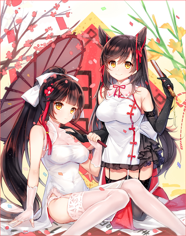2girls alternate_costume animal_ears atago_(azur_lane) azur_lane bangs black_gloves black_legwear blunt_bangs brown_hair china_dress chinese_clothes closed_fan closed_mouth clouds covered_navel dress elbow_gloves eyebrows_visible_through_hair fan feet_out_of_frame fingerless_gloves flower folding_fan garter_straps gloves hair_ribbon hand_on_another's_shoulder high_ponytail holding holding_fan holding_umbrella kneeling knees_together_feet_apart long_hair looking_at_viewer mole mole_under_eye multiple_girls panties panty_peek petals pf red_ribbon ribbon side_slit sitting sleeveless sleeveless_dress smile takao_(azur_lane) tareme thigh-highs tree_branch umbrella underwear very_long_hair white_dress white_gloves white_panties yellow_eyes yellow_flower
