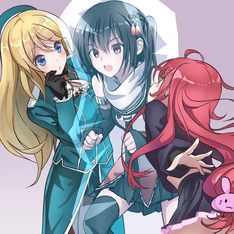 3girls :d atago_(kantai_collection) beret black_gloves black_hair black_legwear blonde_hair blue_eyes blush brown_eyes bunny_hair_ornament clenched_hands commentary_request fingerless_gloves from_behind frozen gloves hair_ornament hat kantai_collection long_hair long_sleeves low-tied_long_hair military military_uniform multiple_girls necktie open_mouth parted_lips red_ribbon remodel_(kantai_collection) ribbon scarf sendai_(kantai_collection) side_ponytail smile thigh-highs tooi_aoiro uniform uzuki_(kantai_collection)