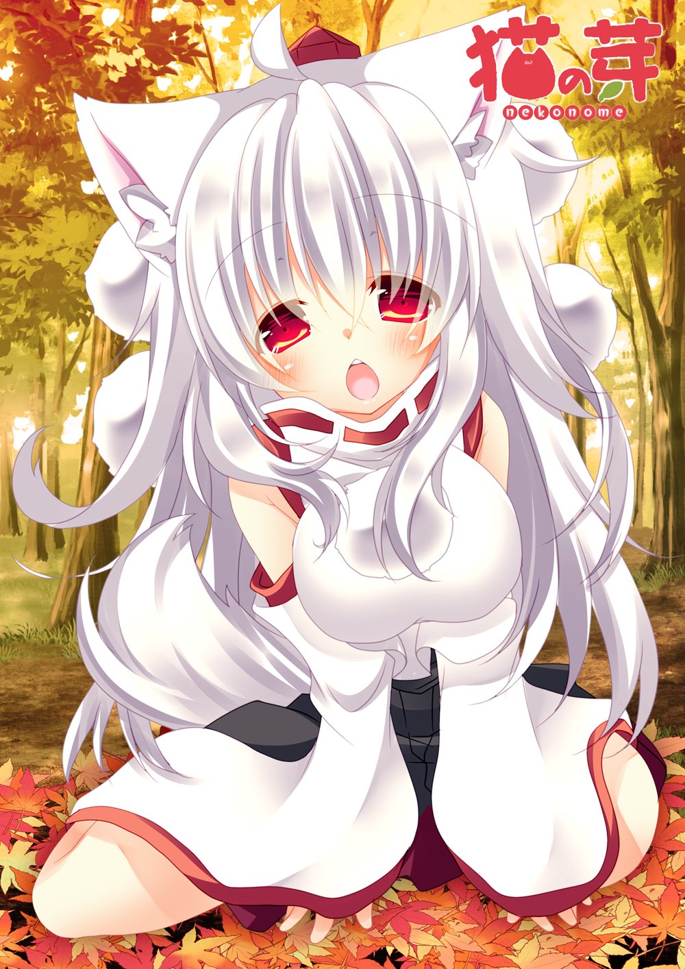 alternate_hair_length alternate_hairstyle animal_ears autumn autumn_leaves bent_knees between_legs blush breasts circle_name commentary_request detached_sleeves dirt eyebrows_visible_through_hair eyes_visible_through_hair forest full_body grass hand_between_legs hat highres hikanyan inubashiri_momiji large_breasts leaf long_hair looking_at_viewer maple_leaf multicolored multicolored_clothes multicolored_skirt nature open_mouth pom_pom_(clothes) red_eyes shirt sitting skirt solo tail teeth tokin_hat tongue touhou tree white_hair white_shirt wide_sleeves wolf_ears wolf_tail