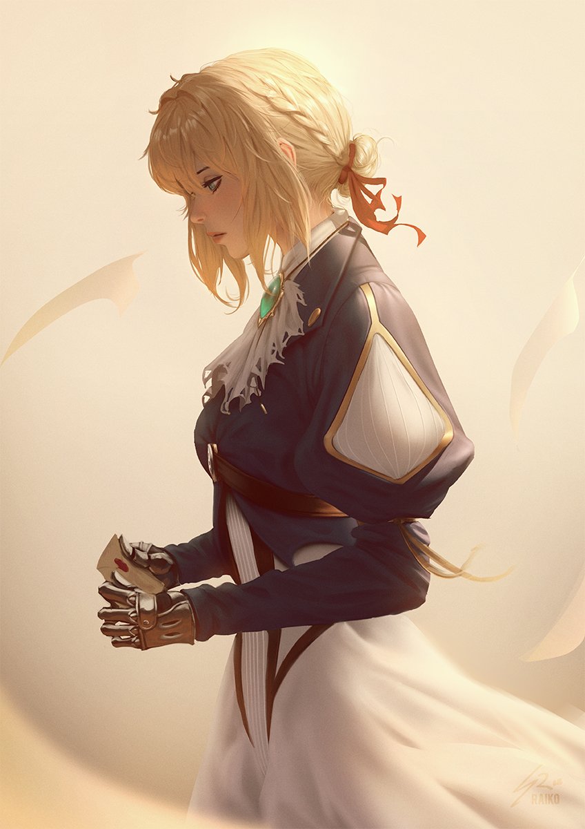 1girl bangs blonde_hair blue_eyes blue_jacket braid brooch dress envelope flying_paper from_side gloves hair_between_eyes hair_intakes hair_ribbon highres holding_letter jacket jewelry letter long_sleeves looking_down mechanical_hands paper raikoart red_ribbon ribbon solo violet_evergarden violet_evergarden_(character)