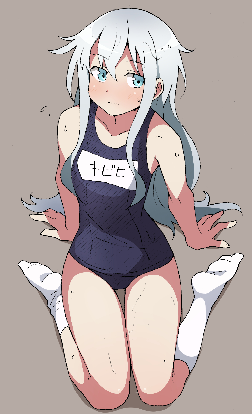 1girl blue_eyes blue_swimsuit flat_chest full_body grey_background hibiki_(kantai_collection) highres kantai_collection long_hair name_tag nel-c school_swimsuit silver_hair simple_background sitting socks solo sweat swimsuit thigh_gap wariza white_legwear