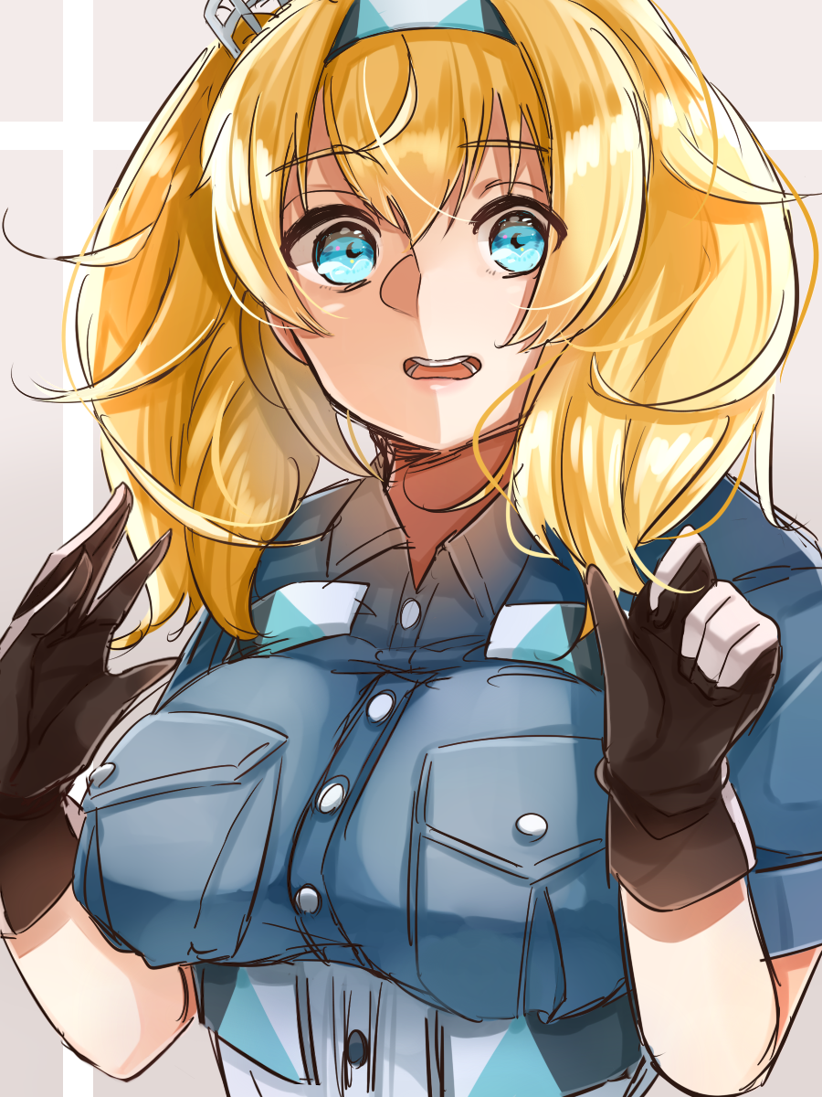 1girl black_gloves blonde_hair blue_eyes blue_shirt breast_pocket breasts caddy_cyd gambier_bay_(kantai_collection) gloves hair_between_eyes highres kantai_collection large_breasts long_hair looking_at_viewer multicolored multicolored_clothes multicolored_gloves nao1 open_mouth pocket shirt simple_background solo twintails upper_body white_background