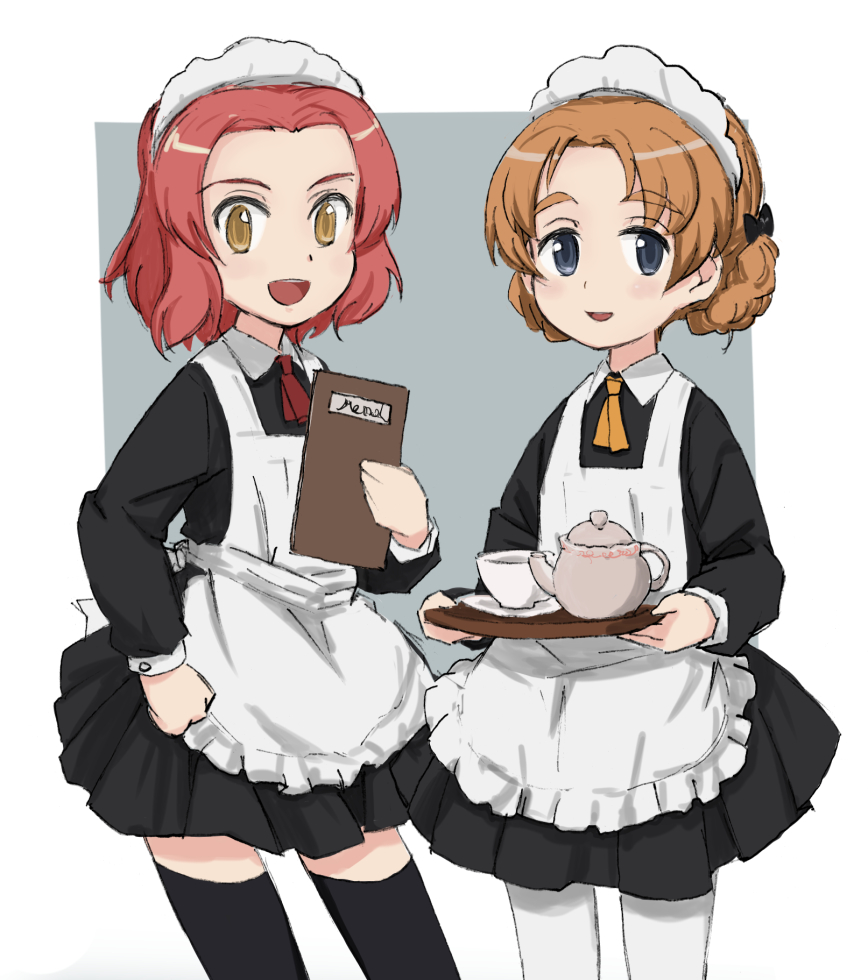 2girls alternate_costume apron ascot bangs black_dress black_legwear blue_eyes braid brown_eyes collared_dress commentary_request cowboy_shot cup dress enmaided eyebrows_visible_through_hair girls_und_panzer grey_background hand_on_hip holding long_sleeves looking_at_viewer maid maid_apron maid_headdress menu multiple_girls nogitatsu open_mouth orange_hair orange_pekoe outside_border pantyhose parted_bangs red_neckwear redhead rosehip saucer short_dress short_hair smile standing teacup teapot thigh-highs tied_hair tray twin_braids white_legwear yellow_neckwear