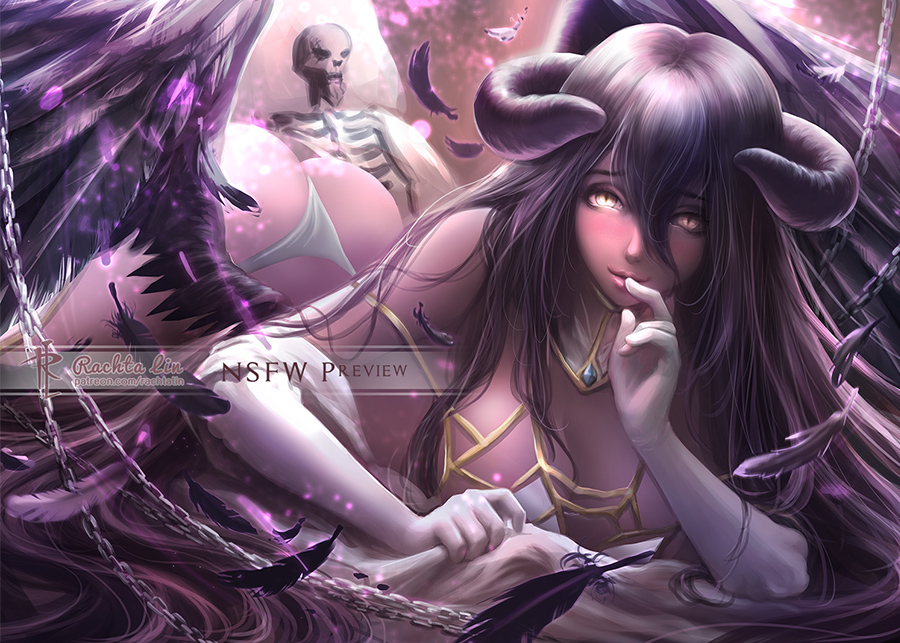 1girl albedo black_hair black_wings chains demon_girl demon_horns demon_wings detached_collar dress feathered_wings feathers gloves hair_between_eyes horns jewelry low_wings lying necklace on_bed on_stomach overlord_(maruyama) rachta_lin skeleton slit_pupils white_dress white_gloves wings yellow_eyes