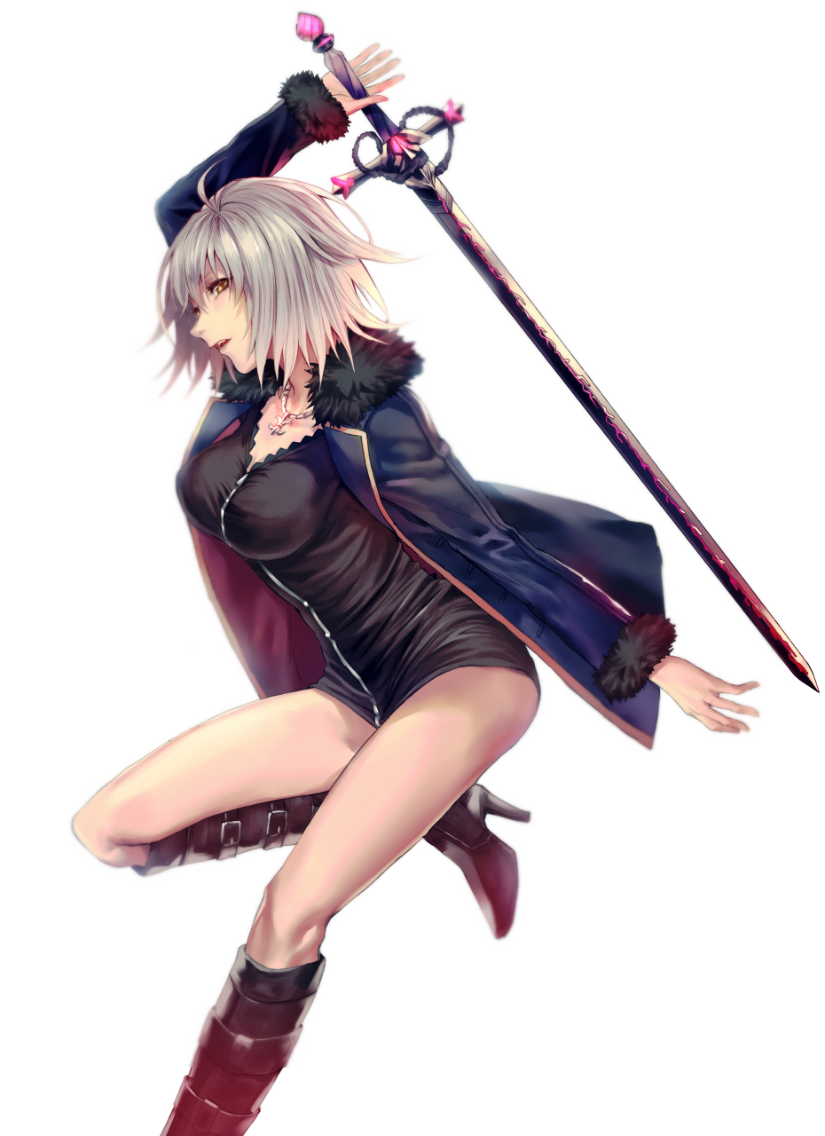 1girl ahoge applekun arm_up black_footwear black_shirt blue_sweater breasts cardigan cleavage collarbone eyebrows_visible_through_hair fate/grand_order fate_(series) fur_trim high_heels highres holding holding_sword holding_weapon jeanne_d'arc_(alter)_(fate) jeanne_d'arc_(fate)_(all) jewelry medium_breasts necklace one_leg_raised open_cardigan open_clothes shirt short_hair silver_hair simple_background solo standing standing_on_one_leg sweater sword weapon white_background wicked_dragon_witch_ver._shinjuku_1999 yellow_eyes