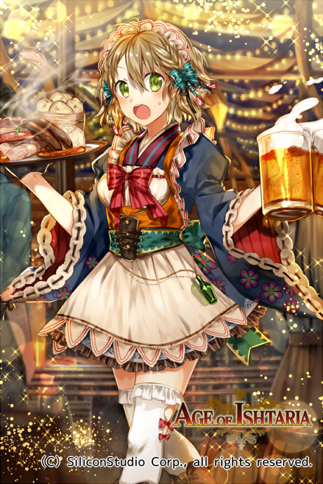 1girl age_of_ishtaria alcohol apron beer beer_mug boots bow brown_hair company_name copyright_name food green_eyes maid maid_apron maid_headdress naru_(andante) official_art open_mouth shuma_(age_of_ishtaria) solo sparkle teeth