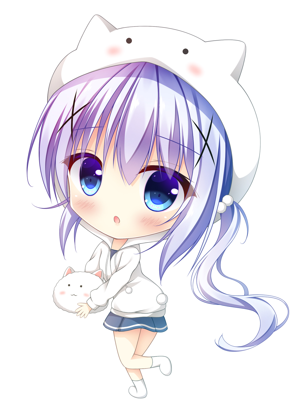 1girl :o angora_rabbit animal bangs blue_eyes blue_hair blue_skirt blush character_hood chibi commentary_request eyebrows_visible_through_hair full_body gochuumon_wa_usagi_desu_ka? hair_between_eyes highres holding holding_animal hood hood_up hoodie kafuu_chino long_hair long_sleeves looking_at_viewer looking_to_the_side no_shoes parted_lips pleated_skirt pom_pom_(clothes) rabbit side_ponytail simple_background skirt socks standing standing_on_one_leg tippy_(gochiusa) very_long_hair white_background white_hoodie white_legwear yukatama