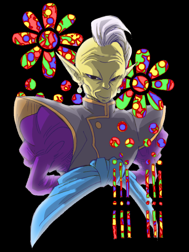 1boy arms_behind_back black_background black_eyes character_request colorful daisy dragon_ball dragon_ball_super earrings egyptian_clothes floral_background flower jewelry long_sleeves looking_at_viewer male_focus mohawk shaded_face simple_background smile white_hair