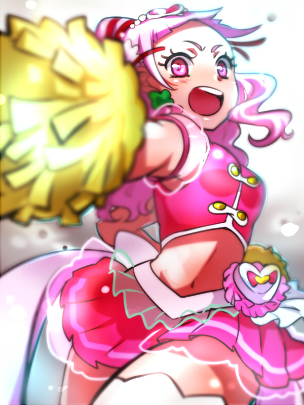 1girl :o angry cowboy_shot cure_yell earrings gradient gradient_background grey_background hair_ornament heart heart_hair_ornament hugtto!_precure jewelry kagami_chihiro layered_skirt long_hair looking_at_viewer magical_girl navel nono_hana open_mouth pink_eyes pink_hair pink_shirt pink_skirt pom_poms precure shirt skirt sleeveless sleeveless_shirt solo thigh-highs white_background white_legwear zettai_ryouiki