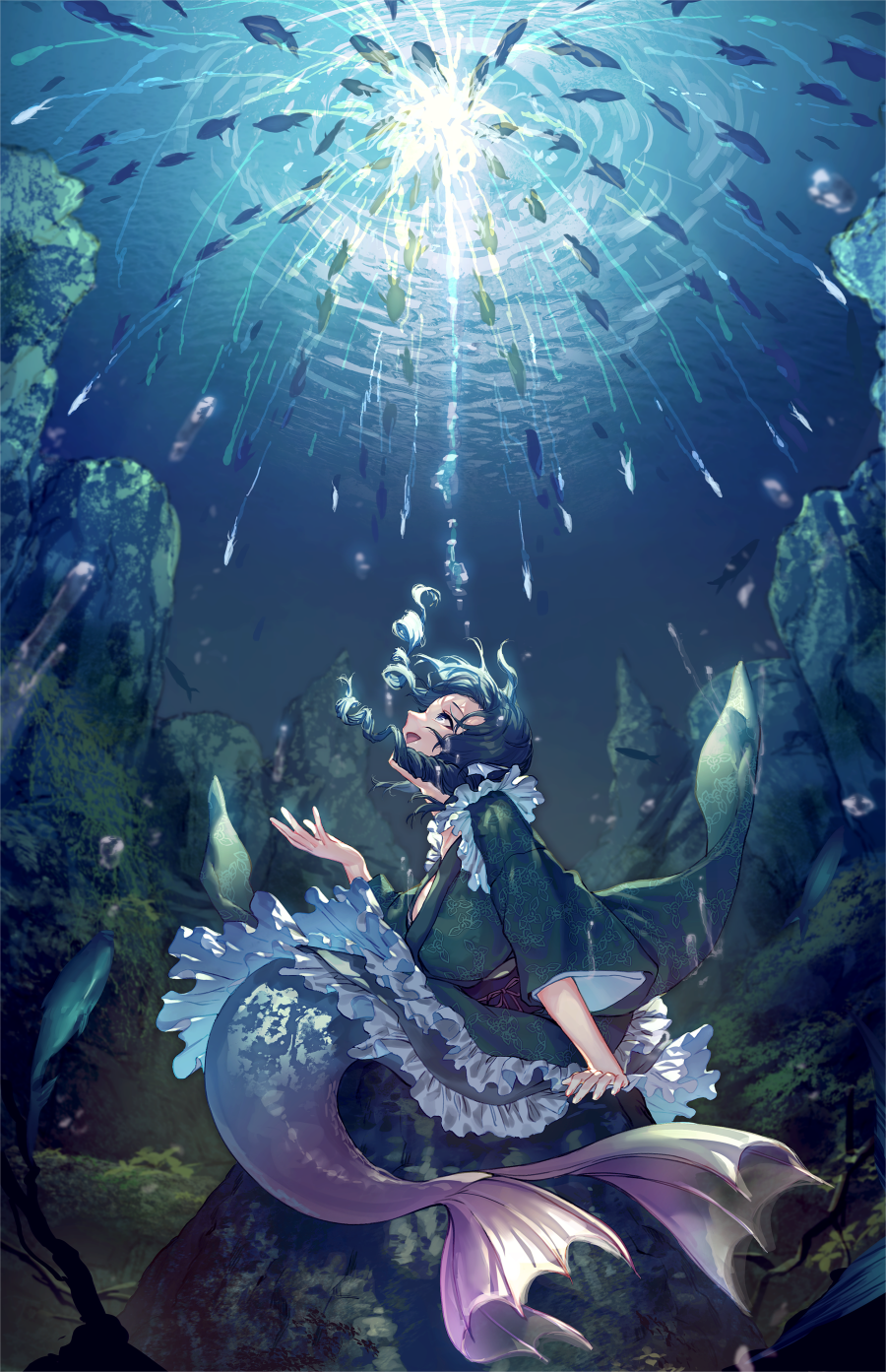 1girl blue_eyes blue_hair breasts commentary_request drill_hair fish frills from_side full_body green_kimono hand_up head_fins highres japanese_clothes kimono large_breasts long_sleeves looking_up mermaid monster_girl open_mouth petticoat profile rock short_hair sitting smile solo touhou underwater uu_uu_zan wakasagihime wide_sleeves