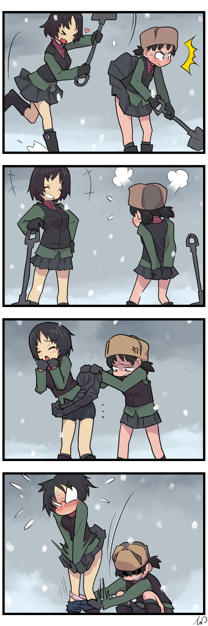 &gt;_&lt; /\/\/\ 2girls 4koma :o alina_(girls_und_panzer) anger_vein angry arms_behind_back artist_name assisted_exposure bangs bike_shorts black_footwear black_gloves black_hair black_shorts black_skirt black_vest blank_eyes blush boots brown_hat closed_eyes comic commentary emblem flying_sweatdrops full-face_blush fume fur_hat girls_und_panzer gloves green_jacket grin hat heart highres holding jacket leg_up lifted_by_another long_sleeves looking_at_another military military_uniform miniskirt motion_blur multiple_girls nina_(girls_und_panzer) notice_lines open_mouth panties pantsing panty_pull pink_panties pleated_skirt pravda_military_uniform pulled_by_another red_shirt sharp_teeth shirt short_hair short_twintails shorts shorts_pull shorts_under_skirt shouting shovel signature skirt skirt_lift skirt_tug smile snow squatting standing standing_on_one_leg sweatdrop teeth tessaku_ro turtleneck twintails underwear uniform ushanka v-shaped_eyebrows vest worktool