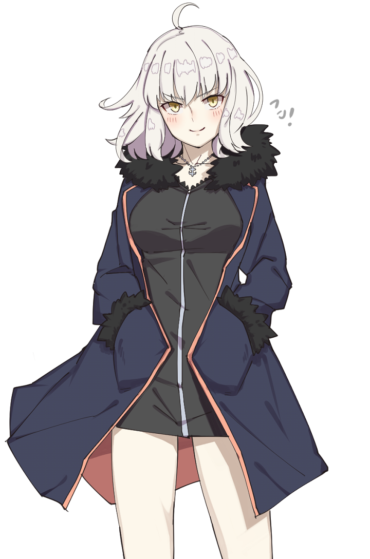 1girl ahoge bangs black_dress blue_coat blush closed_mouth coat collarbone dress eyebrows_visible_through_hair fate/apocrypha fate/grand_order fate_(series) fur-trimmed_coat fur-trimmed_sleeves fur_trim hair_between_eyes hands_in_pockets jeanne_d'arc_(alter)_(fate) jeanne_d'arc_(fate)_(all) jewelry looking_at_viewer michihasu open_clothes open_coat pendant short_dress silver_hair simple_background smile solo white_background wicked_dragon_witch_ver._shinjuku_1999 yellow_eyes