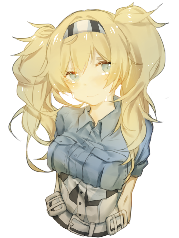 1girl belt blonde_hair blue_eyes blue_shirt breast_pocket breasts caddy_cyd gambier_bay_(kantai_collection) hair_between_eyes kantai_collection large_breasts long_hair pocket shirt simple_background solo twintails upper_body white_background