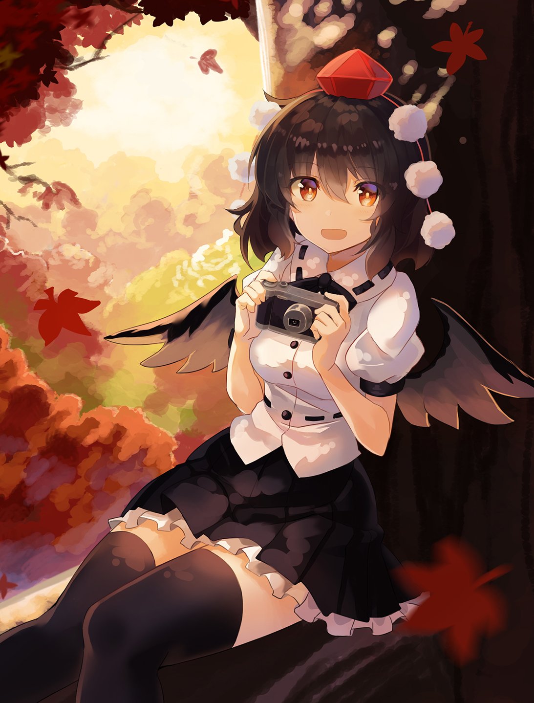 1girl autumn autumn_leaves black_hair black_legwear black_neckwear black_ribbon black_skirt black_wings breasts camera commentary_request eyebrows_visible_through_hair feathered_wings feet_out_of_frame forest frills hair_between_eyes hat highres holding holding_camera looking_at_viewer medium_breasts miniskirt nature neck_ribbon open_mouth outdoors petticoat pom_pom_(clothes) puffy_short_sleeves puffy_sleeves red_eyes ribbon rin_falcon shameimaru_aya shirt short_hair short_sleeves sitting skirt smile solo sun tassel thigh-highs tokin_hat touhou white_shirt wings zettai_ryouiki