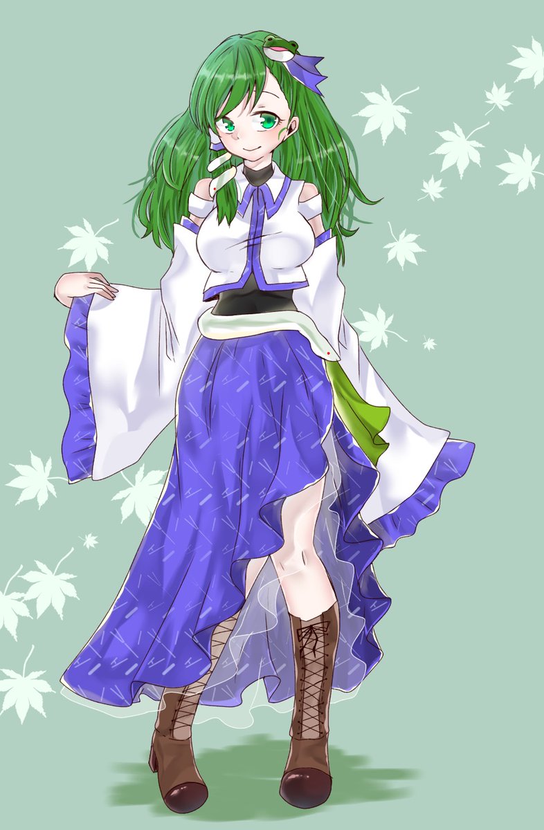 1 asymmetry. belt blush boots detached_sleeves eringi falling_leaves frills, frog girl green_eyes green_hair hair_accessories kochiya_sanae lace leaves long_hair looking_at_viewer miko smile snake solo touhou undershirt